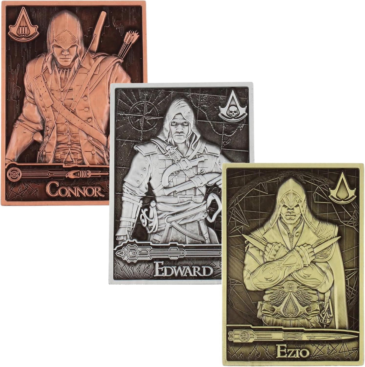 Assassins Creed: Assassins - 3 Collectible Metal Cards & Phone Stand, Copper-Gold-Silver Image Plates